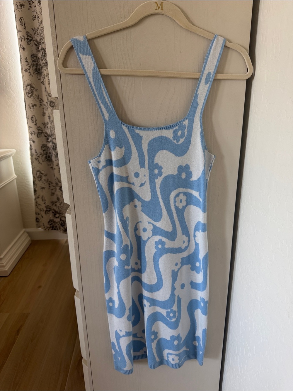 Hollister Blue and White Floral Wave Knit Tank Dress